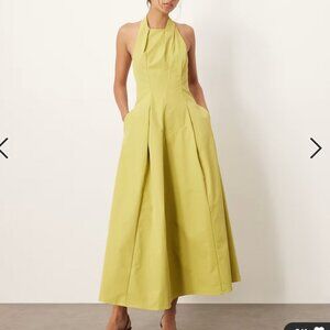 BNWT Chartreuse ARRANGE halter wrap seam structured maxi dress